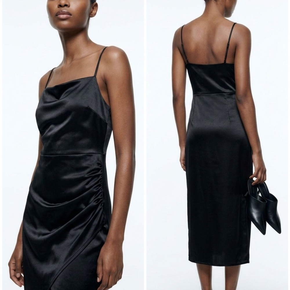 Black Satin Cowl-Neck Midi Dress